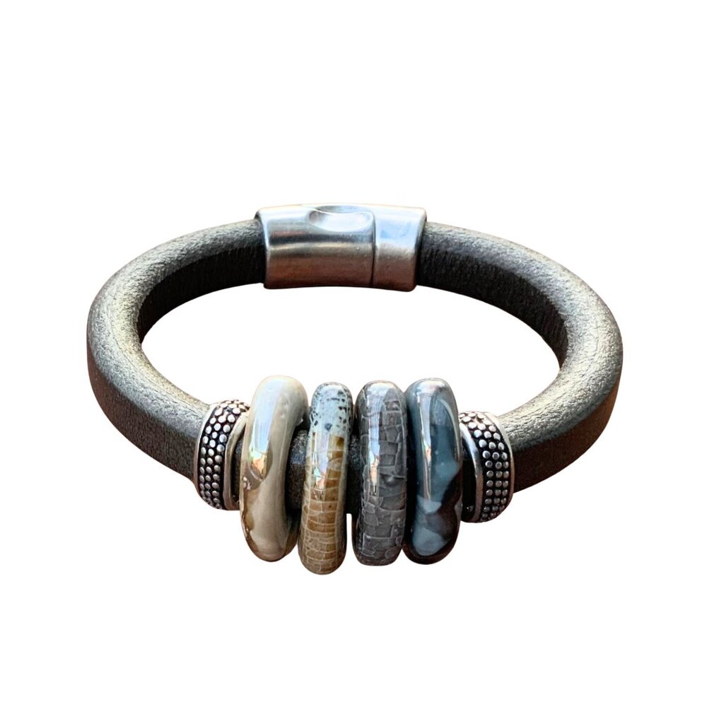 Artisan Leather Cuff Bracelet Ceramic Focal Beads Magnetic Closure